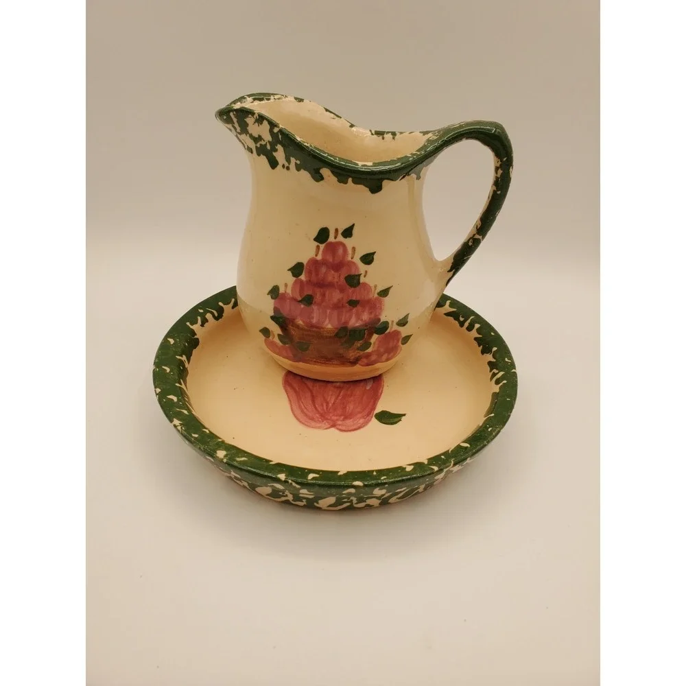 1996 Alpine Pottery Sml Syrup Pitcher & Bowl Apples Green Spongeware
